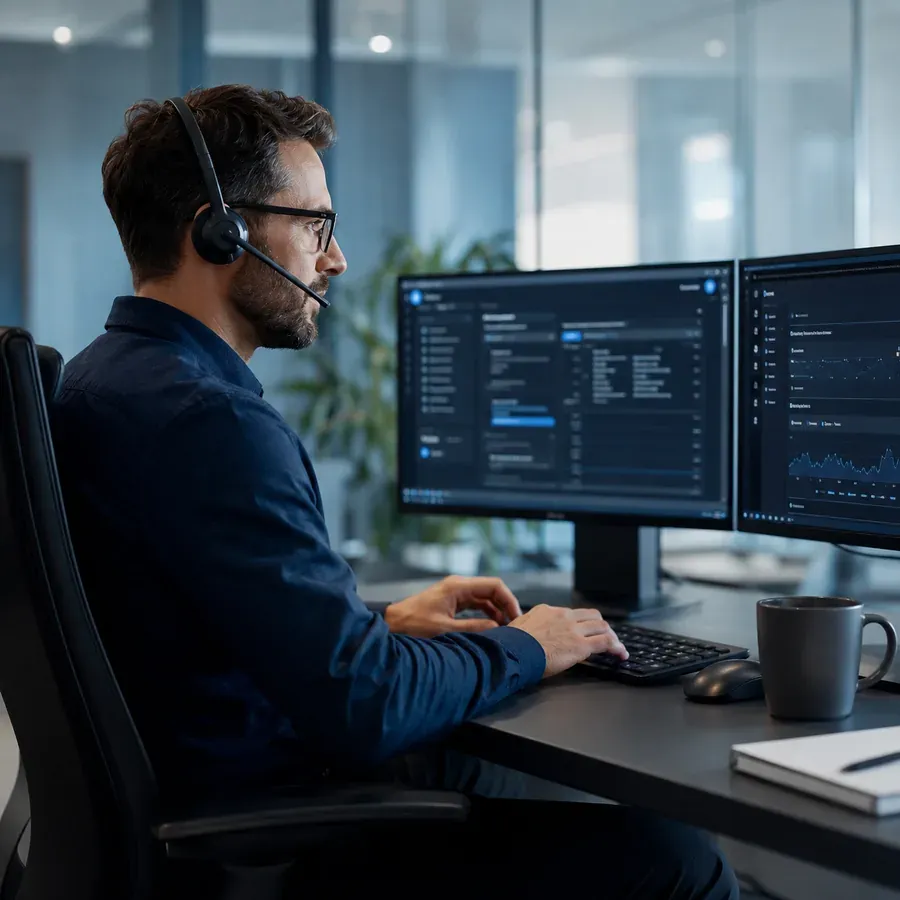 IT-Administrator mit Headset am Arbeitsplatz